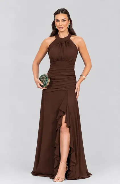VESTIDO LONGO CREPE FRENTE UNICA DRAPEADO C/ BABADO SAIA