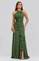 VESTIDO LONGO CREPE FRENTE UNICA DRAPEADO C/ BABADO SAIA