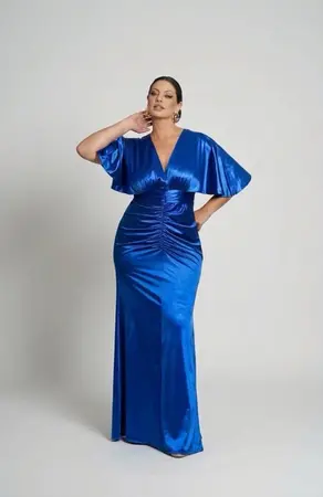 VESTIDO LONGO PRADA SOBREPOSIÇÃO MANGA E SAIA DRAPEADA